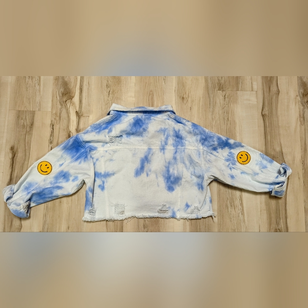 Custom Tie Dye 🌞Cloudy Skies🌞 Cropped Distressed Denim Jacket